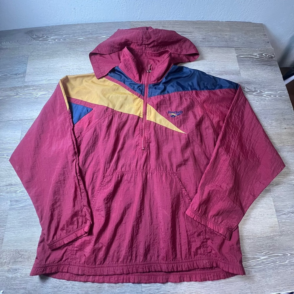 Reebok Windbreaker Mens Large Burgundy Colorblock Vintage 90s Half Zip‎ Hooded